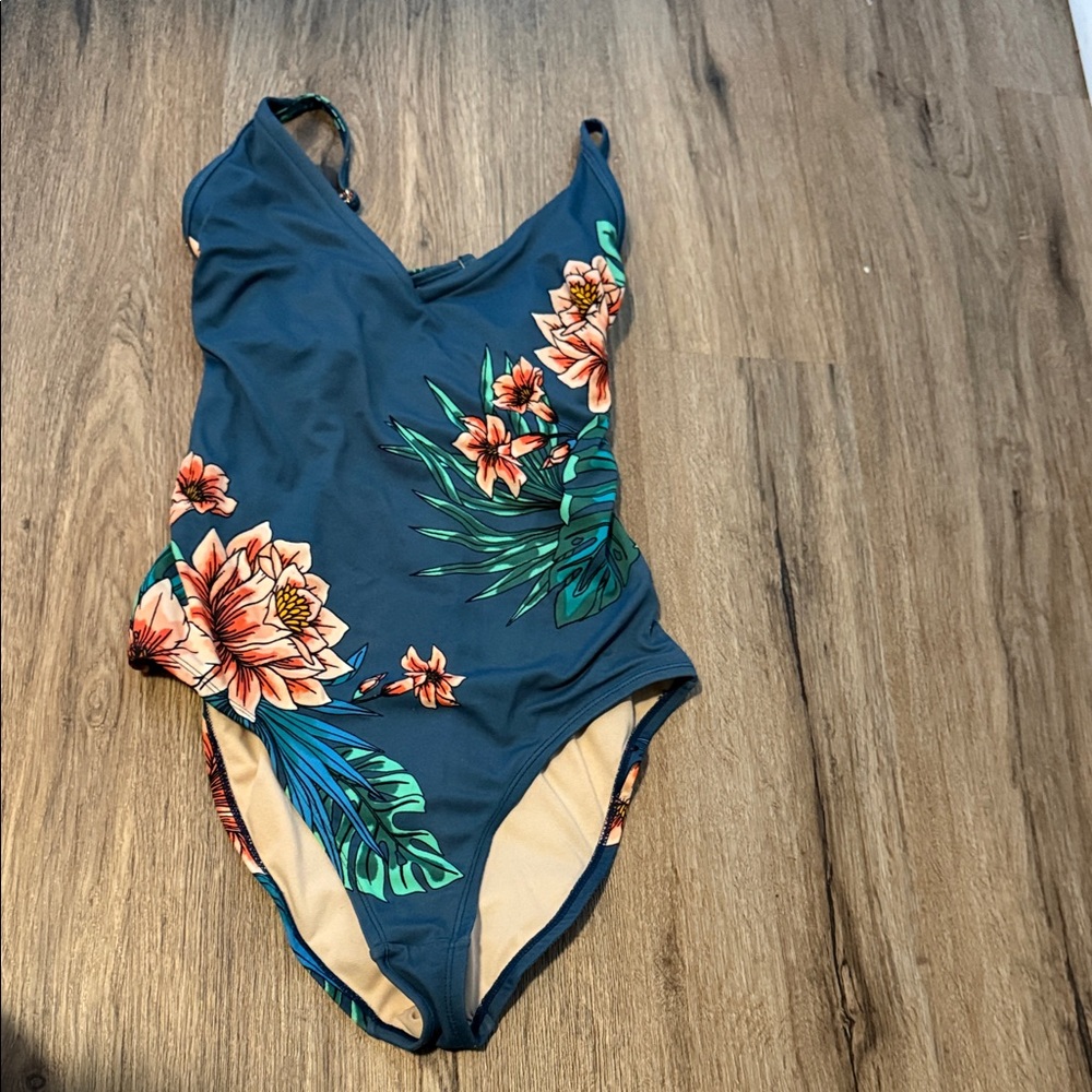 Kona Sol Floral One Piece Swimsuit - Blue and Orange